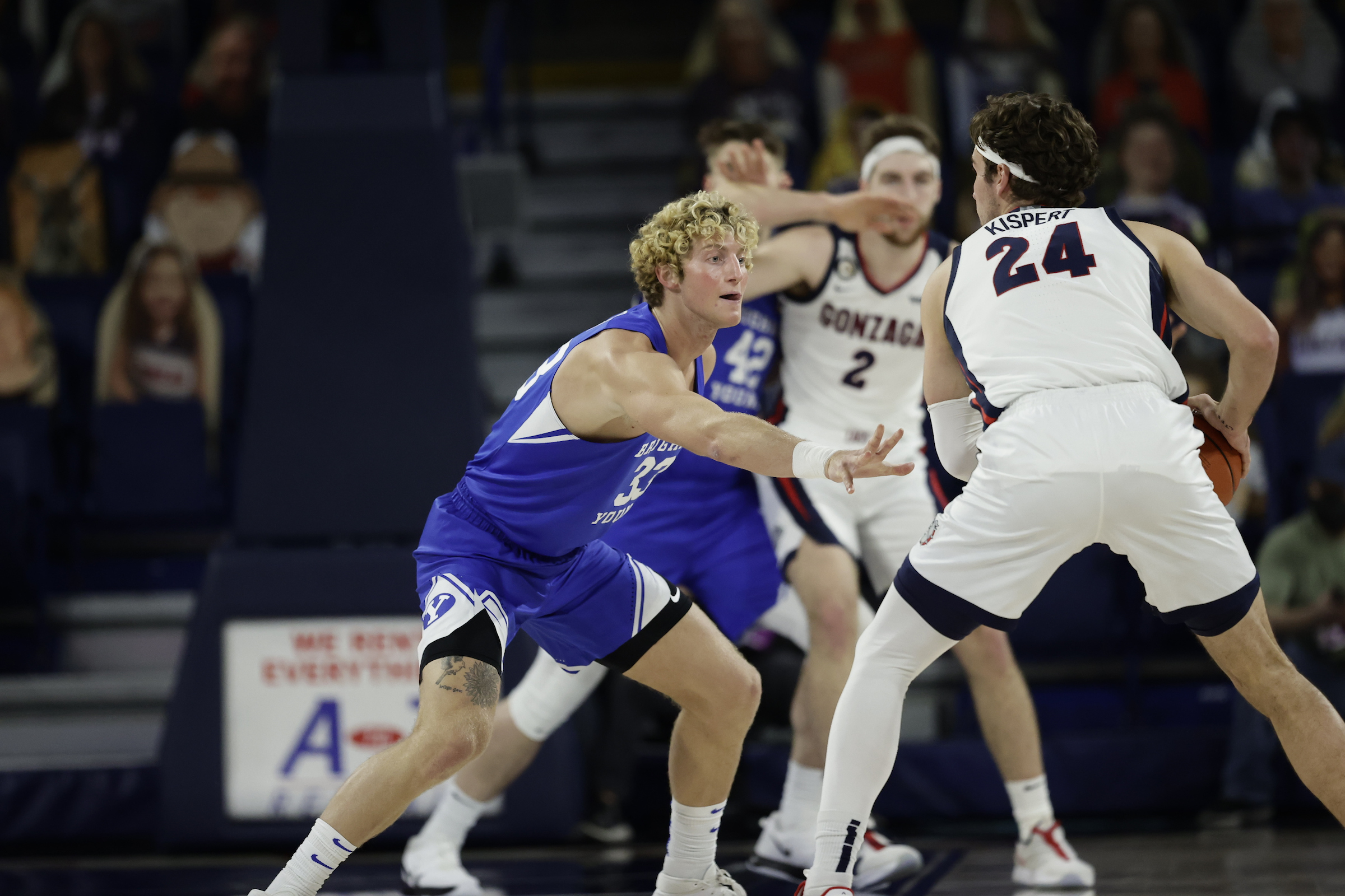 BYU's Caleb Lohner tries to guard Corey Kispert after falling behind big against No. 1 Gonzaga, Thursday, Jan. 7, 2021 in Spokane, Washington.