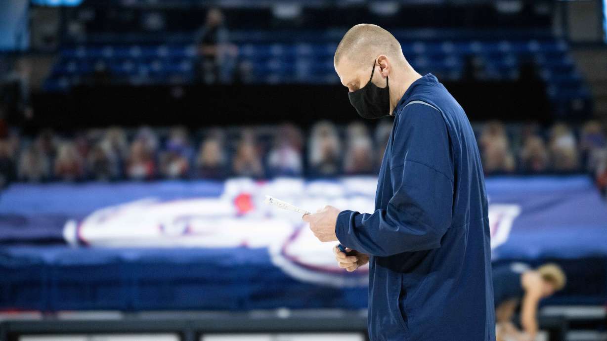BYU coach Mark Pope before the Cougars faced No. 1 Gonzaga, Thursday, Jan. 7, 2021 in Spokane, Washington.