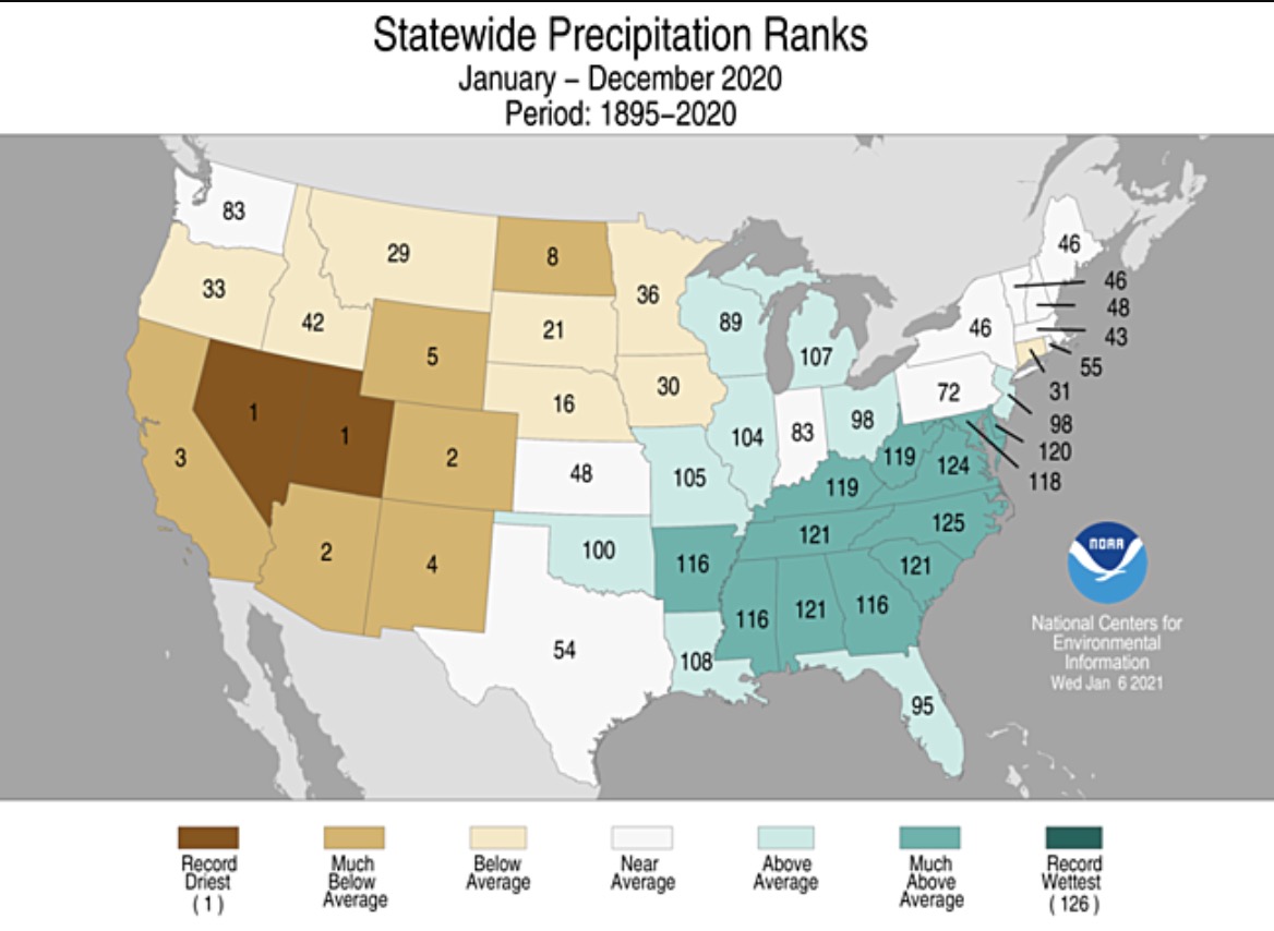This map, created by the National Oceanic and Atmospheric Administration’s Center for Environmental Information, shows precipitation totals across the U.S. in 2020 based on average. Utah reported its driest calendar year on record in 2020.