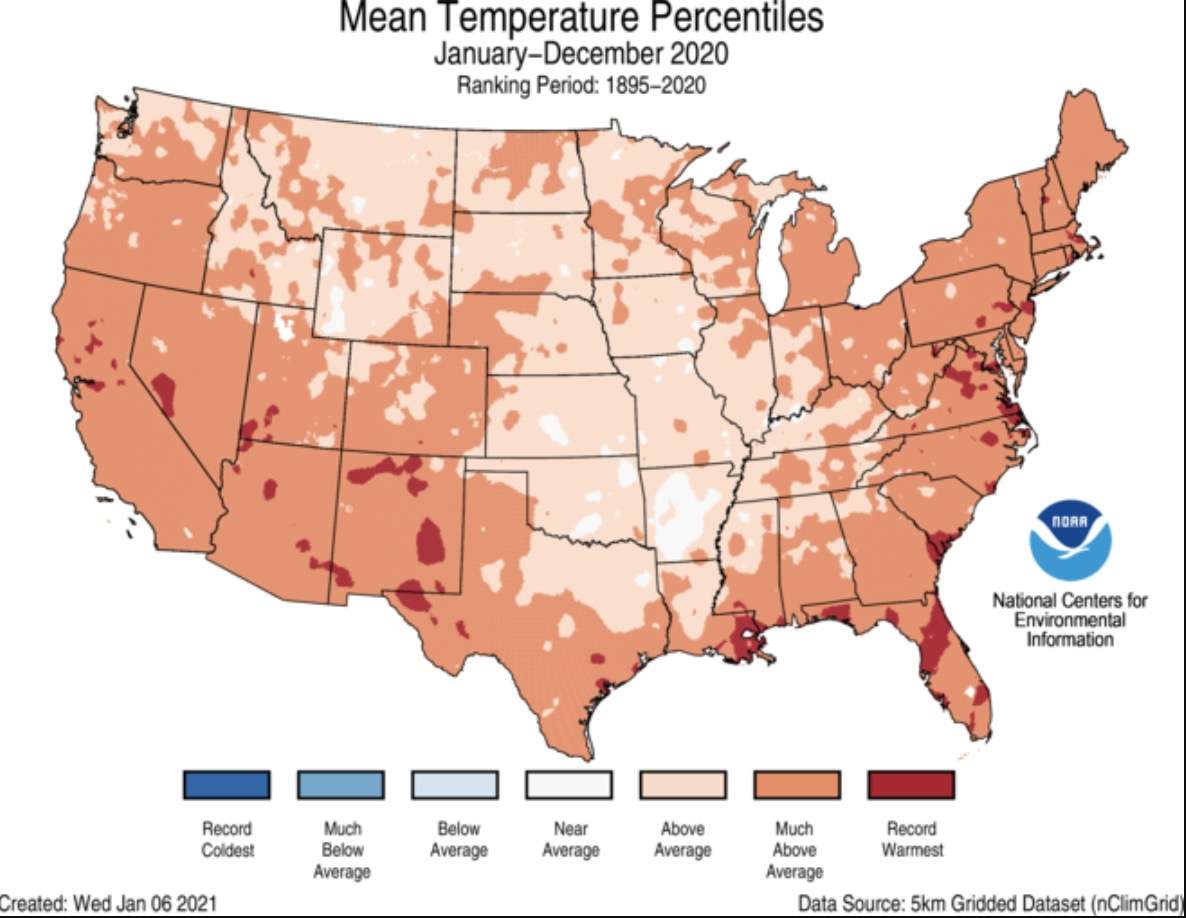 This map, created by the National Oceanic and Atmospheric Administration’s Center for Environmental Information, shows average temperatures across the U.S. in 2020. Washington and Iron counties posted temperature records during the year.
