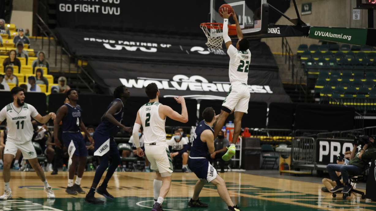 UVU wing J.J. Overton gets up to dunk against Cal Baptist in a Western Athletic Conference basketball game, Friday, Jan. 8, 2021 in Orem.