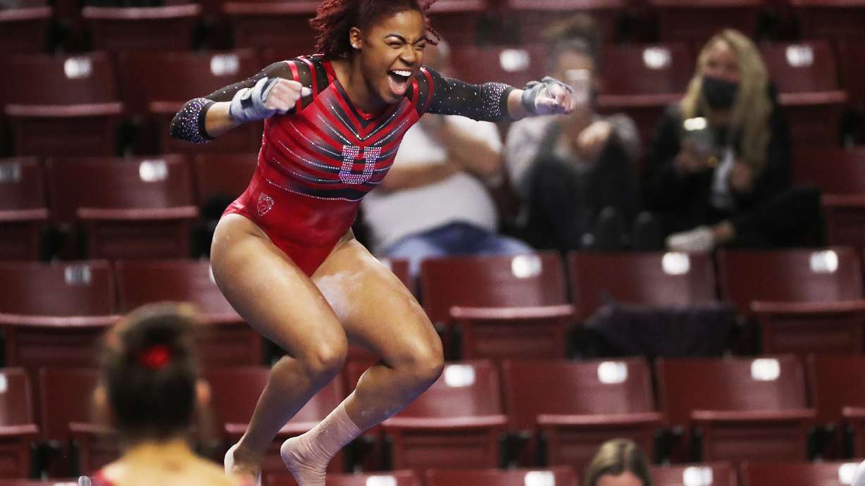 Utahâs Cammy Hall reacts after competing in the vault during the Rio Tinto Best of Utah NCAA gymnastics meet at the Maverik Center in West Valley City on Saturday, Jan. 9, 2021.