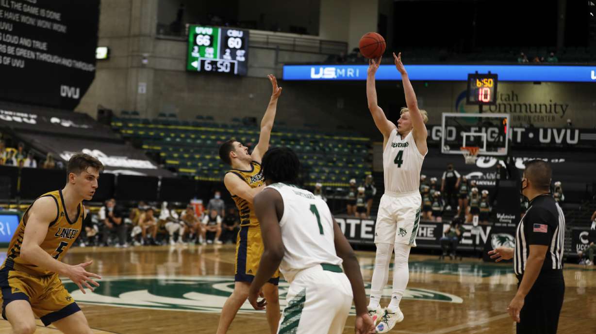UVU wing Trey Woodbury launches a 3-pointer against Cal Baptist during the Wolverines' 2-0 start to WAC play, Saturday, Jan. 10, 2021 in Orem.