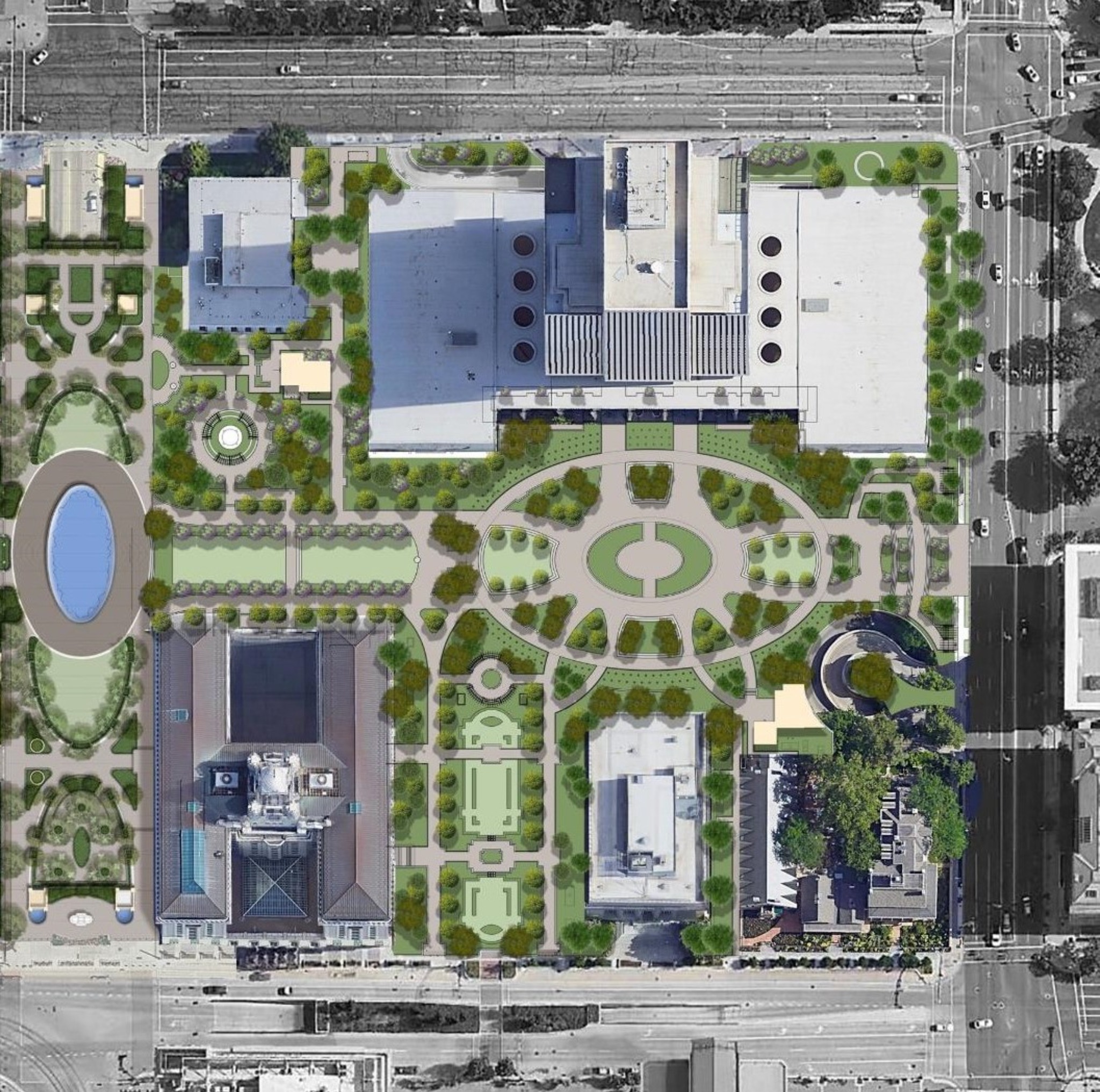 An artist's rendering shows an overhead site plan of the Temple Square Plaza between the Church Office Building (top of frame) and the Church Administration Building (bottom of frame) of The Church of Jesus Christ of Latter-day Saints. The 18-month renovation is to re-waterproof the deck and add new landscaping.