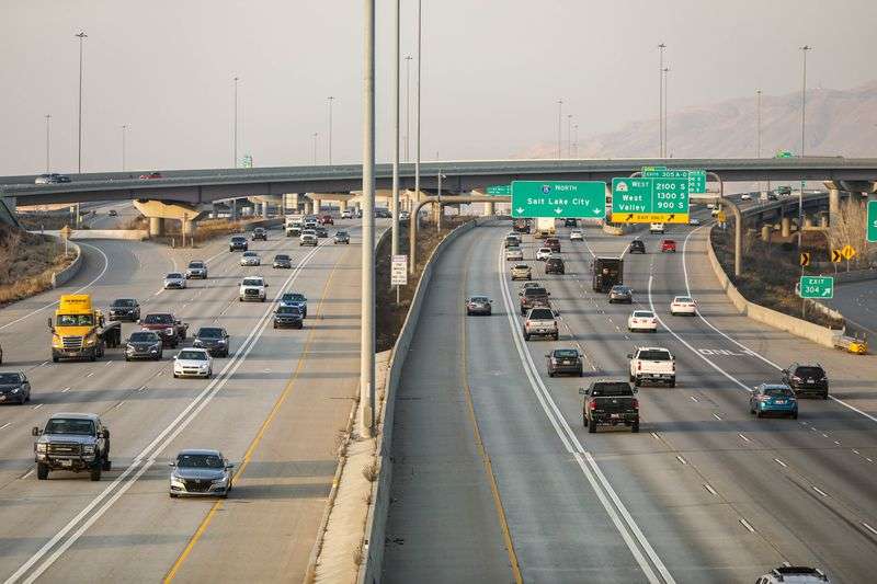 Cars travel north and south along I-15 in Salt Lake City on Monday, Jan. 11, 2020.