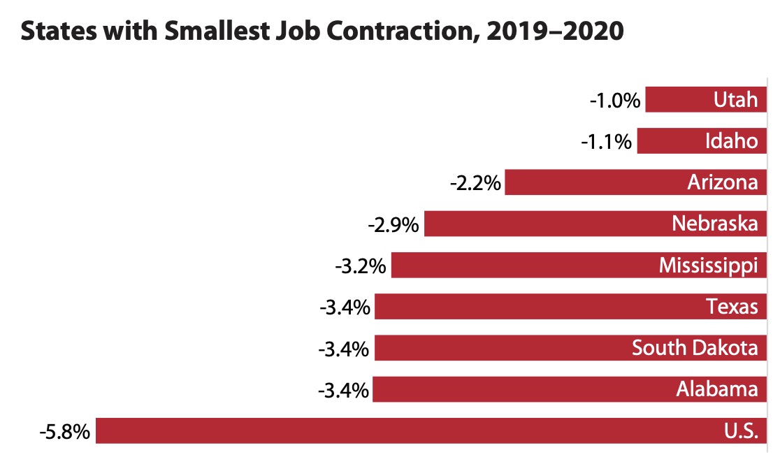 This graphic, provided in the 2021 Economic Report to the Governor shows job contraction from 2019 to 2020.