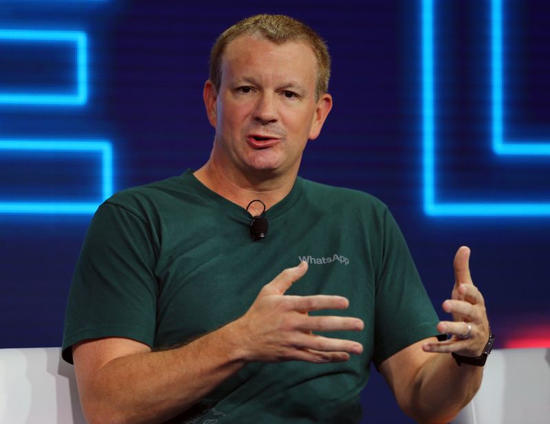 FILE PHOTO: Brian Acton, co-founder of WhatsApp, speaks at the WSJD Live conference in Laguna Beach, California October 25, 2016.     REUTERS/Mike Blake