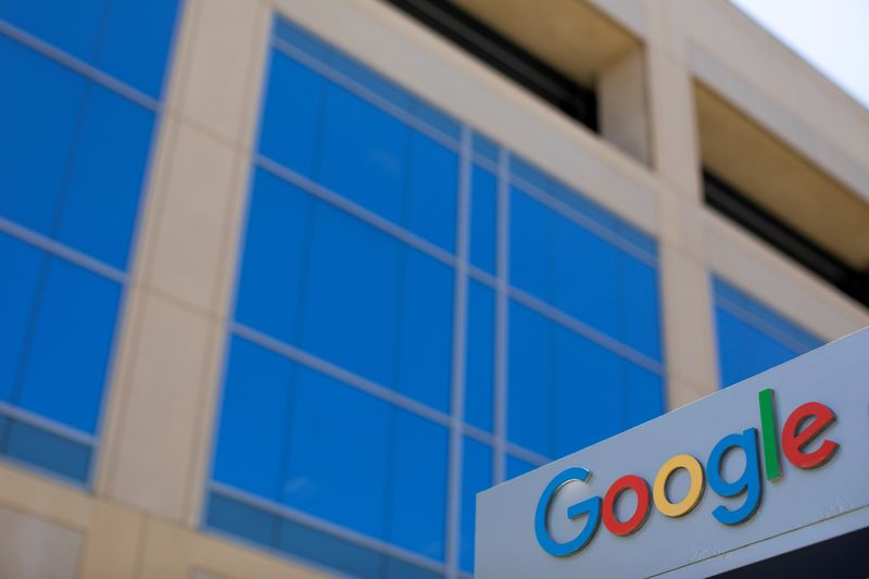 FILE PHOTO: A Google sign is shown at one of the company's office complexes in Irvine, California, U.S., July 27, 2020. REUTERS/Mike Blake/File Photo