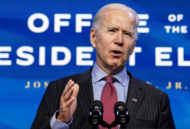 FILE PHOTO: U.S. President-elect Joe Biden speaks as he announces members of economics and jobs team at his transition headquarters in Wilmington, Delaware, U.S., January 8, 2021. REUTERS/Kevin Lamarque/File Photo