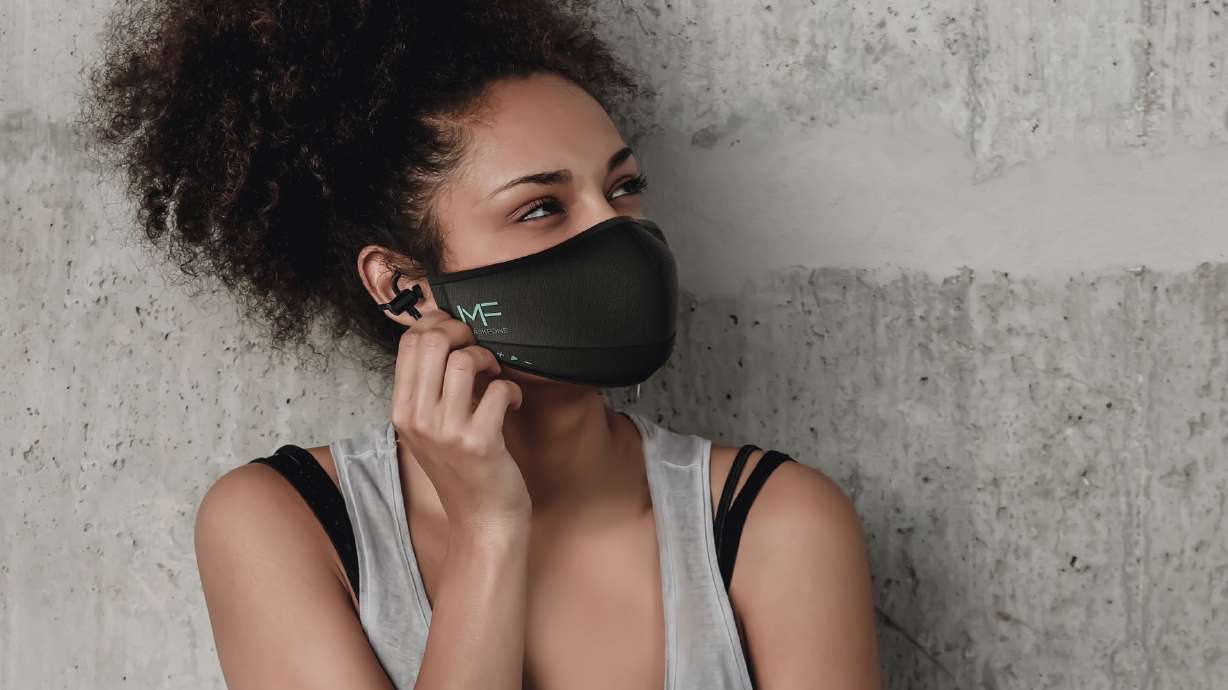 This face mask, showcased at CES 2021, makes it easier to talk on the phone with its built-in (and removable) Bluetooth headphones.