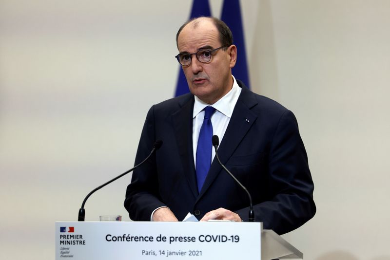 French Prime Minister Jean Castex holds a press conference in Paris, France January 14, 2021, on French government's strategy for the ongoing coronavirus disease (COVID-19) pandemic. Thomas Coex/Pool via REUTERS