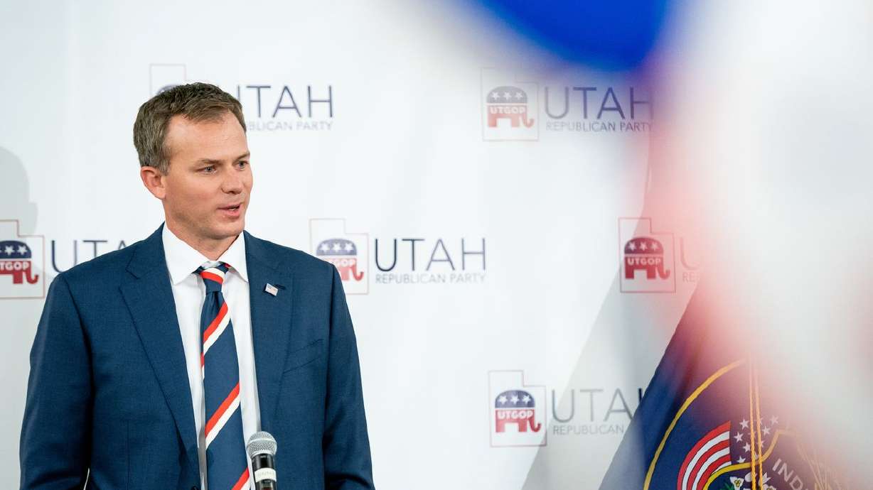 Blake Moore speaks at an election night event for
Republican candidates in Sandy on Nov. 3. The new representative
for Utah’s 1st Congressional District has had an historic first 10
days in office.