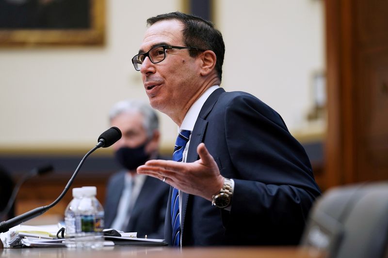 FILE PHOTO: U.S. Treasury Secretary Steven Mnuchin speaks during a House Financial Services Committee hearing in Washington, December 2, 2020. Greg Nash/Pool via REUTERS/File Photo