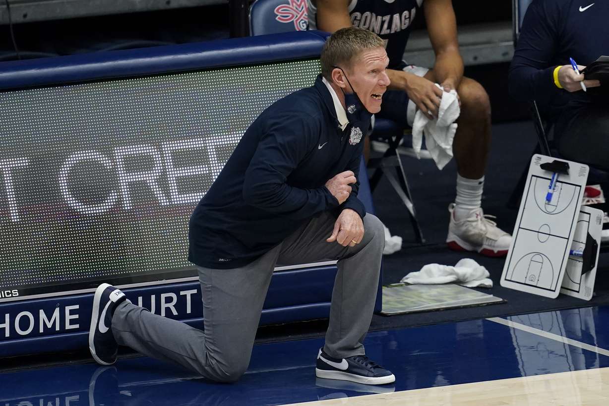 Gonzaga coach Mark Few yells to players during the first half of the team's NCAA college basketball game against Saint Mary's in Moraga, Calif., Saturday, Jan. 16, 2021.