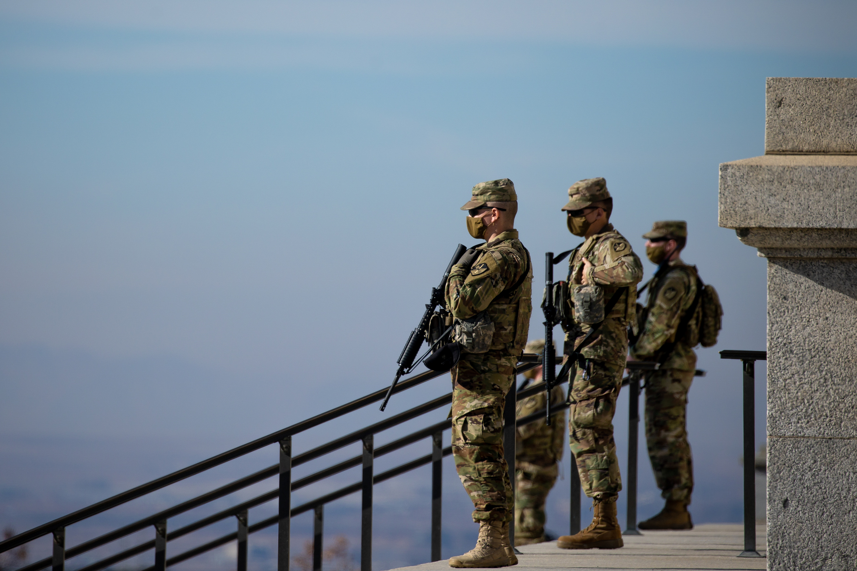 Utah National Guard soldiers are positioned at the state Capitol in Salt Lake City on Jan. 17. The Utah National Guard is reaching out to active and retired service members who served in Afghanistan as reports of the Taliban's takeover of the country continue.
