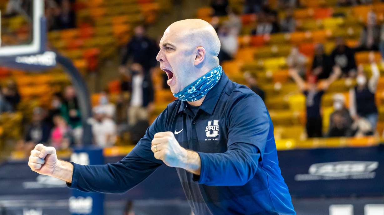 Utah State coach Craig Smith after the Aggies handed San Diego State its second-straight loss, Saturday, Jan. 16, 2021 in Logan.