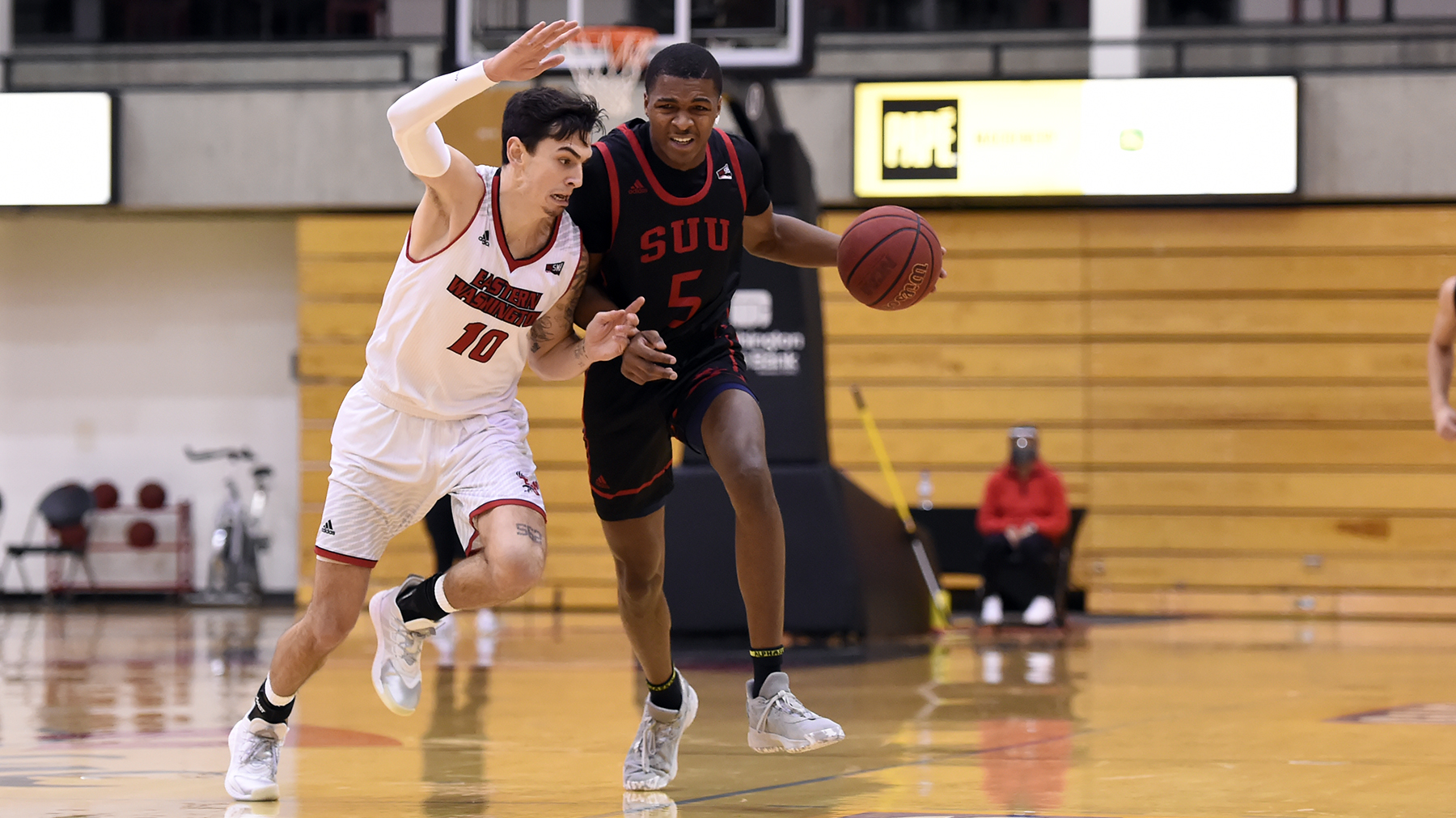 Southern Utah guard Tevian Jones fight off Eastern Washington during the Thunderbirds' win, Saturday, Jan. 16, 2021 in Cheney, Washington, marking SUU's first road win in the series since 1992.