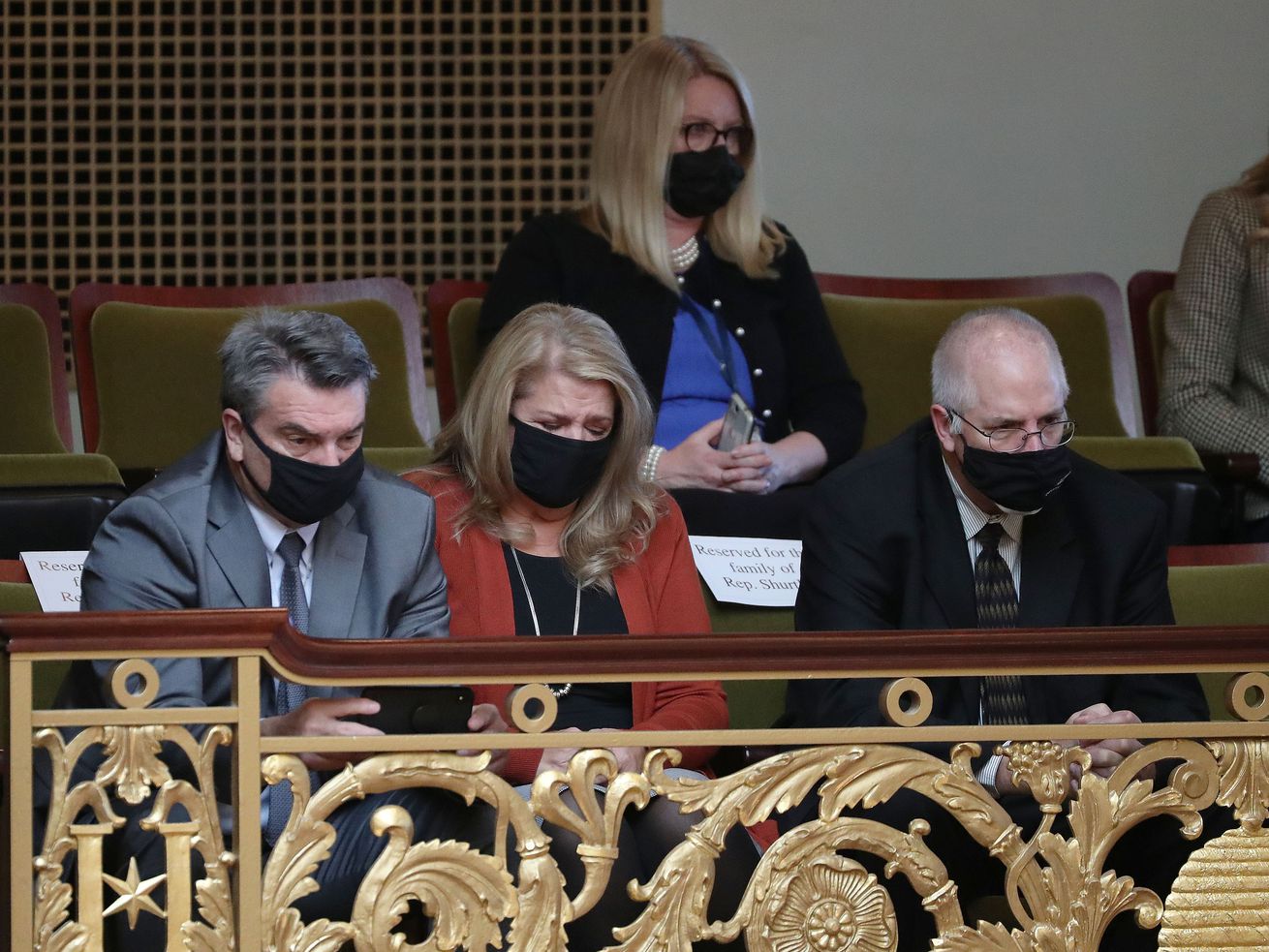 Family and friends of former Rep. LaWanna "Lou”
Shurtliff, D-Ogden, honor her after her death last month during the
opening of the 2021 general legislative session at the Capitol in
Salt Lake City on Tuesday, Jan. 19, 2021.