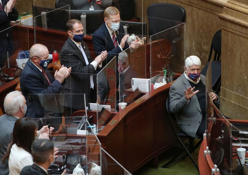 Former Congressman Rob Bishop is applauded as the Utah Legislature opens the 2021 general session at the Capitol in Salt Lake City on Tuesday, Jan. 19, 2021.