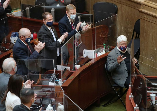 Former Congressman Rob Bishop is applauded as the Utah Legislature opens the 2021 general session at the Capitol in Salt Lake City on Tuesday, Jan. 19, 2021.
