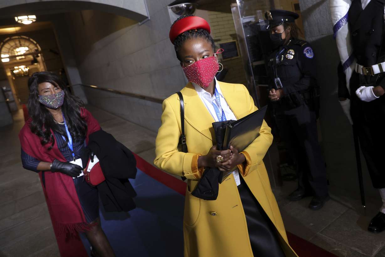 National youth poet laureate Amanda Gorman arrives at the inauguration of U.S. President-elect Joe Biden on the West Front of the U.S. Capitol on Wednesday, Jan. 20, 2021 in Washington while double-masking.