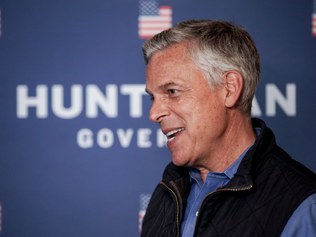 Jon Huntsman Jr., pictured in this file photo from
Tuesday, June 30, 2020, then a Republican gubernatorial candidate,
talks to journalists at his campaign office in Salt Lake City.