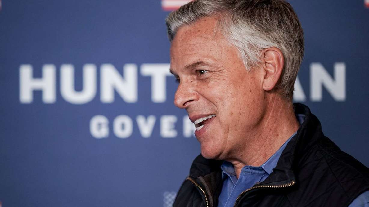 Jon Huntsman Jr., pictured in this file photo from
Tuesday, June 30, 2020, then a Republican gubernatorial candidate,
talks to journalists at his campaign office in Salt Lake City.