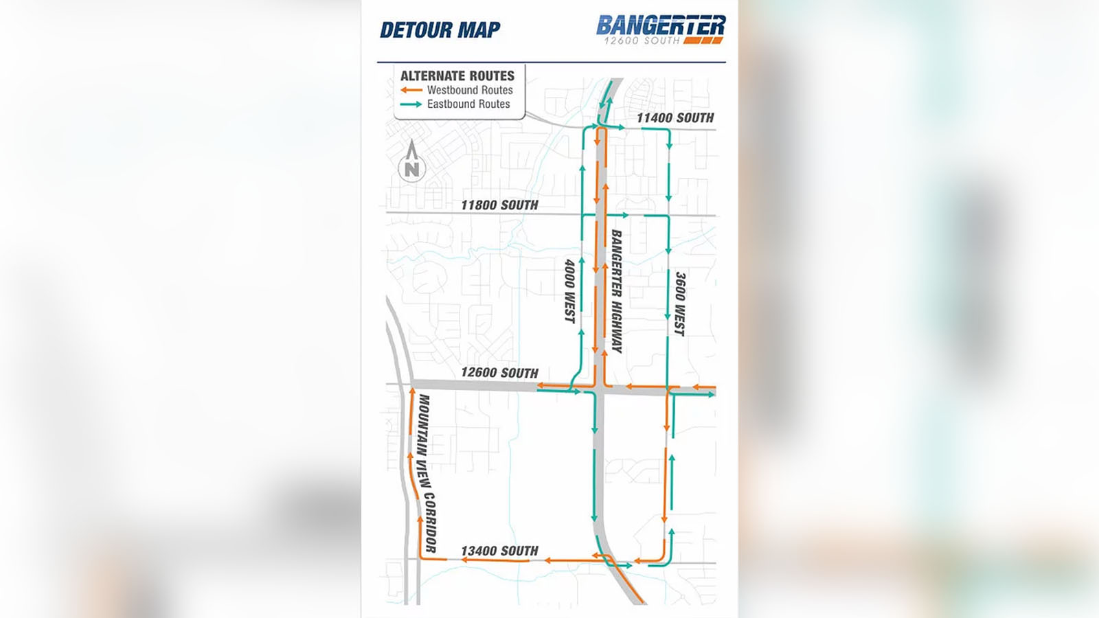 This map shows the detour route for motorists who need to use east-west 12600 South through Bangerter Highway from Friday, Jan. 22, 2021, through Aug. 2021.