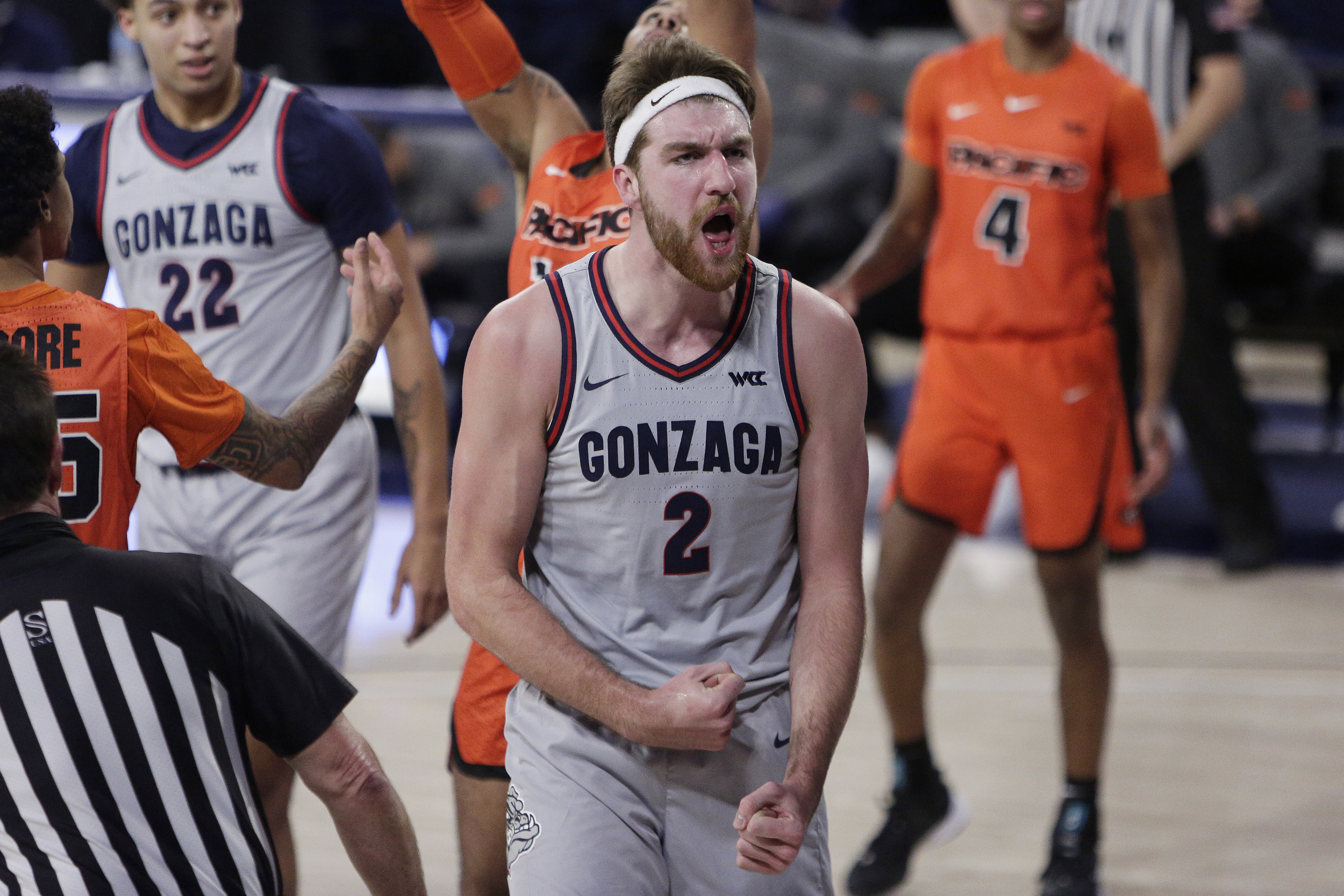 Gonzaga forward Drew Timme celebrates after scoring a basket during the first half of the team's NCAA college basketball game against Pacific in Spokane, Wash., Saturday, Jan. 23, 2021. (AP Photo/Young Kwak) [Jan-25-2021]