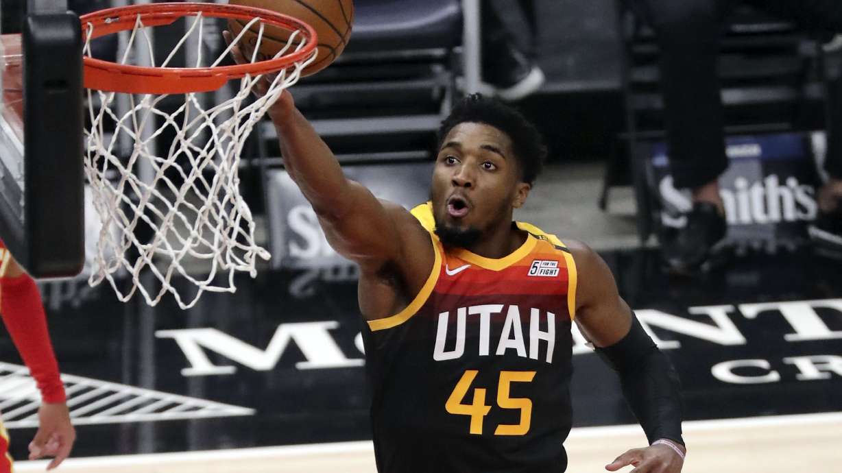 Utah Jazz guard Donovan Mitchell (45) shoots during an NBA game against the Atlanta Hawks at Vivint Smart Home Arena in Salt Lake City on Friday, Jan. 15, 2021.