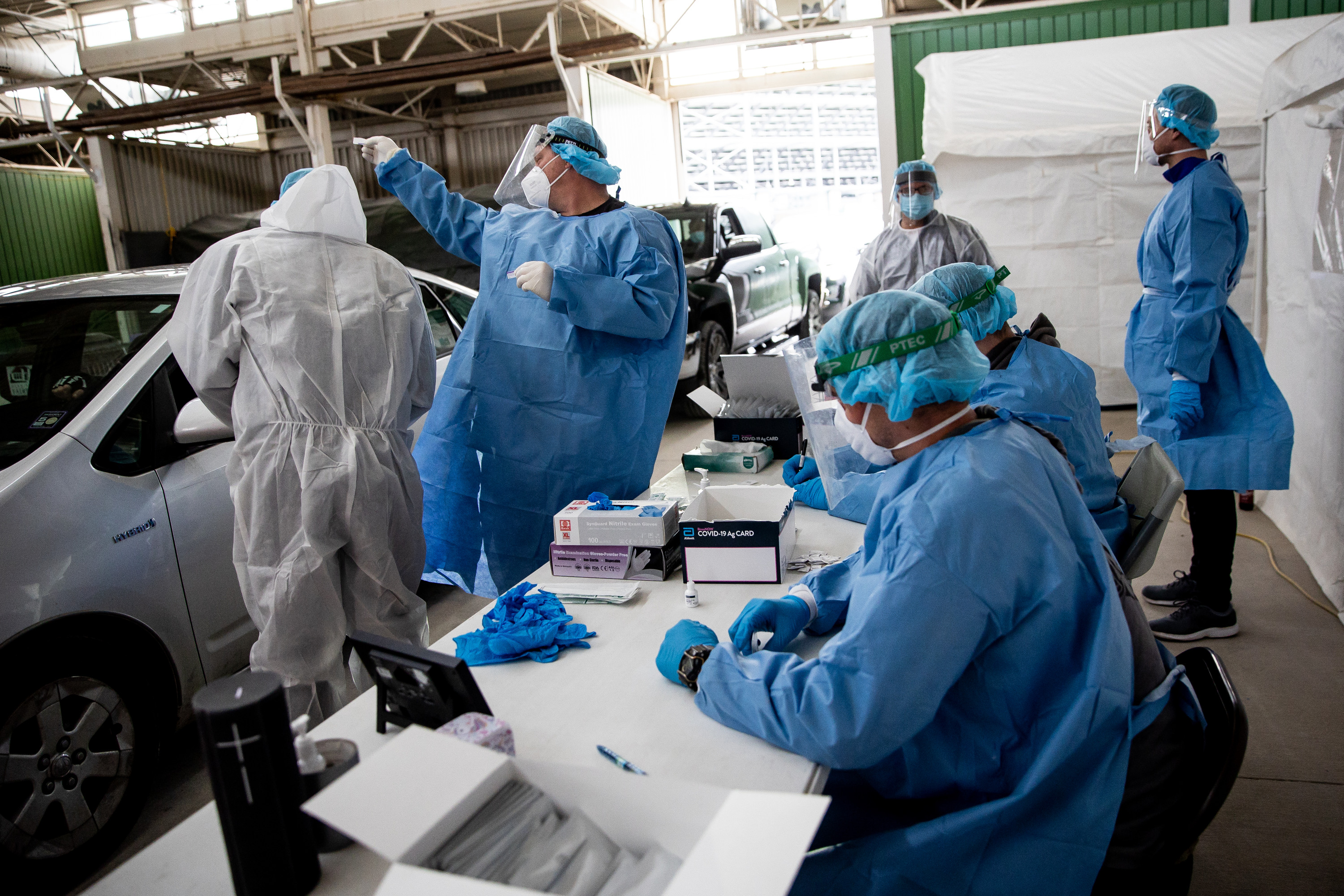 Utah National Guard soldiers staff a COVID-19 test site at the Fairpark in Salt Lake City on Saturday, Jan. 23, 2021.
