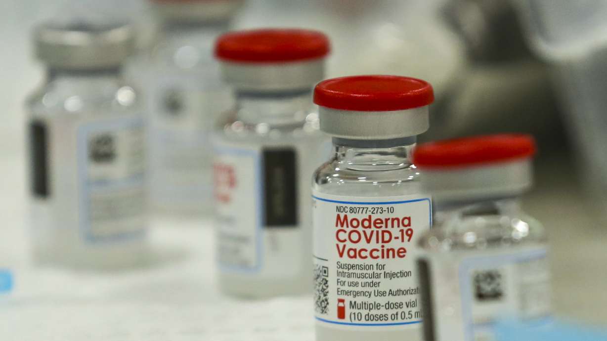 Vials of the Moderna COVID-19 vaccine are pictured at Salt Lake Countyâ??s mass vaccination site at the Mountain America Expo Center in Sandy on Monday, Jan. 18, 2021.