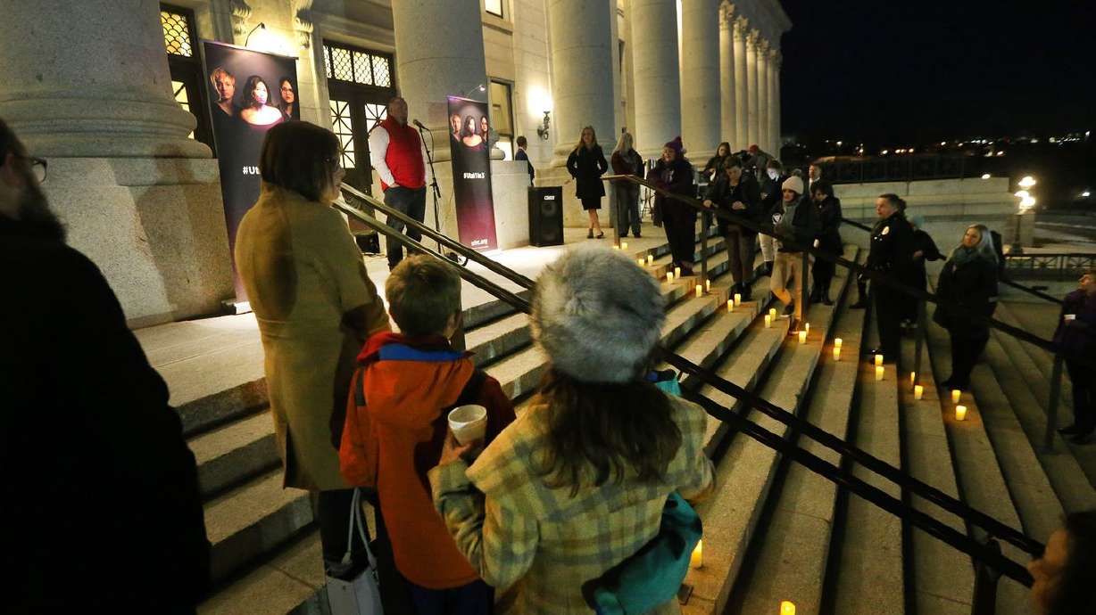 Forty-four candles line the Capitol steps to represent
the number of deaths in 2017 associated with domestic violence. A
proposed bill in Utah would enhance the penalty for domestic
violence on the third offense, which lawmakers hope will decrease
domestic violence deaths in the state.