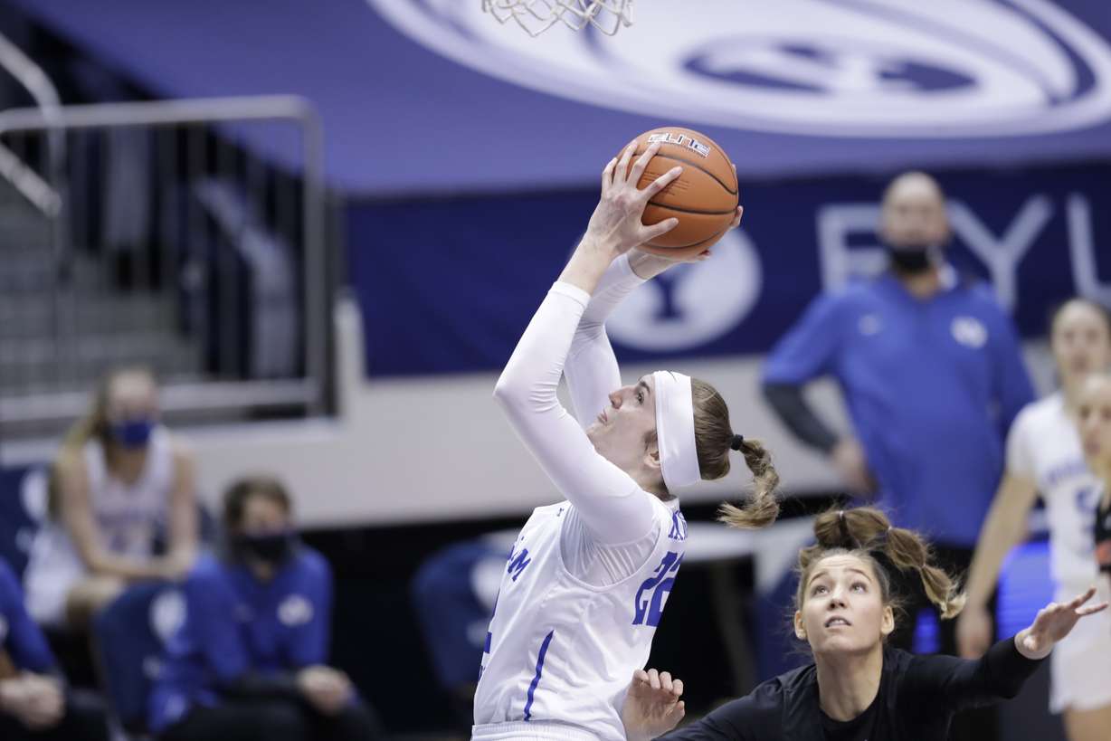 BYU center Sara Hamson puts up a shot against Pacific during a West Coast Conference women's basketball game, Tuesday, Jan. 26, 2021 in the Marriott Center.