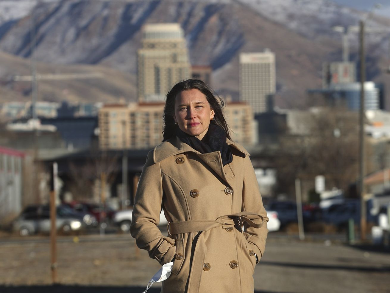 Salt Lake City Mayor Erin Mendenhall poses for a
photograph near 900 West and Folsom Avenue in Salt Lake City on
Tuesday, Dec. 22, 2020.