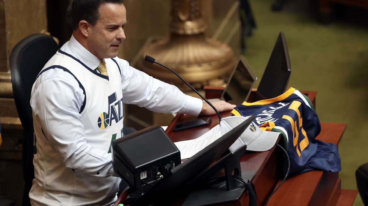 House Speaker Brad Wilson, R-Kaysville, wears a Jazz jersey while talking about HR3, which backs Donovan Mitchell and rebukes Shaquille OâNeal, during the Utah Legislatureâs 2021 general session in the House chamber at the Capitol in Salt Lake City on Tuesday, Jan. 26, 2021.
