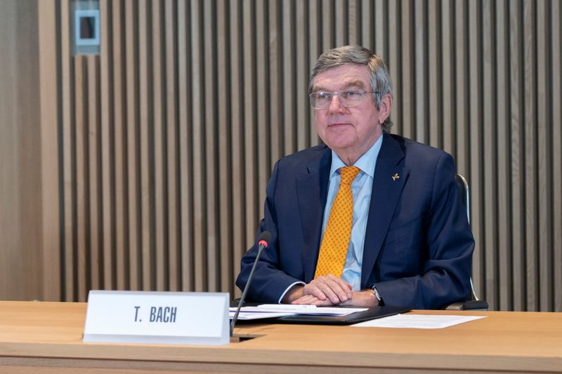 IOC President, Thomas Bach, hosts the first Executive Board meeting for 2021 at the Olympic House in Lausanne, Switzerland January 27, 2021. Greg Martin/IOC/Handout via REUTERS
