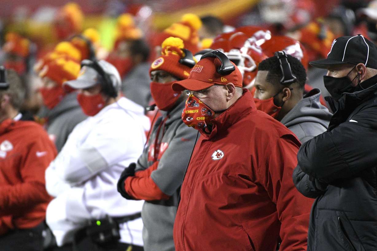 Kansas City Chiefs head coach Andy Reid watches from the sideline during the first half of the AFC championship NFL football game against the Buffalo Bills, Sunday, Jan. 24, 2021, in Kansas City, Mo.