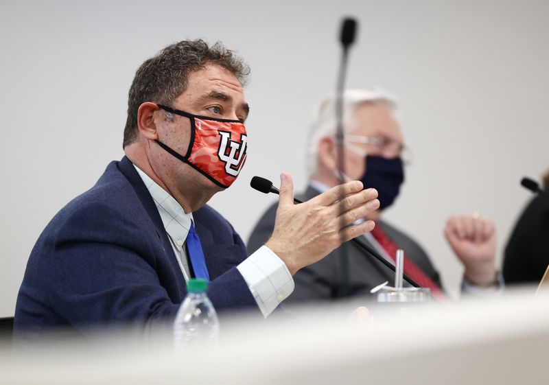 Rep. Brian King, D-Salt Lake City, questions Rep. Brady
Brammer, R-Highland, about HB113 during a House Judiciary Standing
Committee at the Capitol in Salt Lake City on Wednesday, Jan. 27,
2021. The bill would allow pregnant women to seek payment of 50% of
her out-of-pocket pregnancy and delivery medical costs and
insurance premiums from the biological father. If paternity is
disputed, he would owe not need to pay under the bill until his
paternity is established.