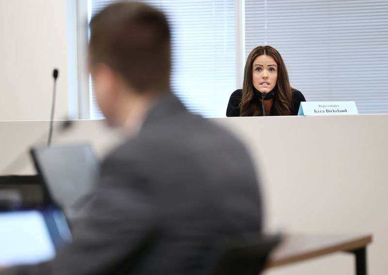 Rep. Kera Birkeland, R-Morgan, questions Rep. Brady
Brammer, R-Highland, about HB113 during a House Judiciary Standing
Committee at the Capitol in Salt Lake City on Wednesday, Jan. 27,
2021. The bill would allow pregnant women to seek payment of 50% of
her out-of-pocket pregnancy and delivery medical costs and
insurance premiums from the biological father. If paternity is
disputed, he would owe not need to pay under the bill until his
paternity is established.