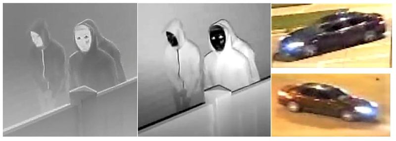 The images of three masked suspects and a possible getaway vehicle are seen in photos taken from surveillance footage and issued in a "Crime Alert" bulletin by Denver police investigating an arson fire that killed a family of five Senegalese immigrants in Denver last year, in this handout photo provided to Reuters on January 27, 2021. Denver Police/Handout via REUTERS