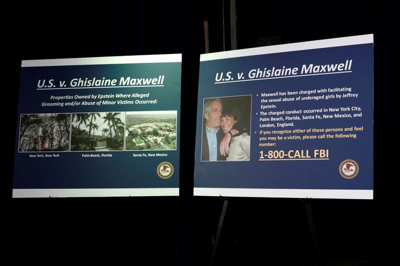 FILE PHOTO: Display boards are seen at the office of the U.S. Attorney for the Southern District of New York ahead of a news conference announcing charges against Ghislaine Maxwell for her role in the sexual exploitation and abuse of minor girls by Jeffrey Epstein in New York City, New York, U.S., July 2, 2020. REUTERS/Lucas Jackson