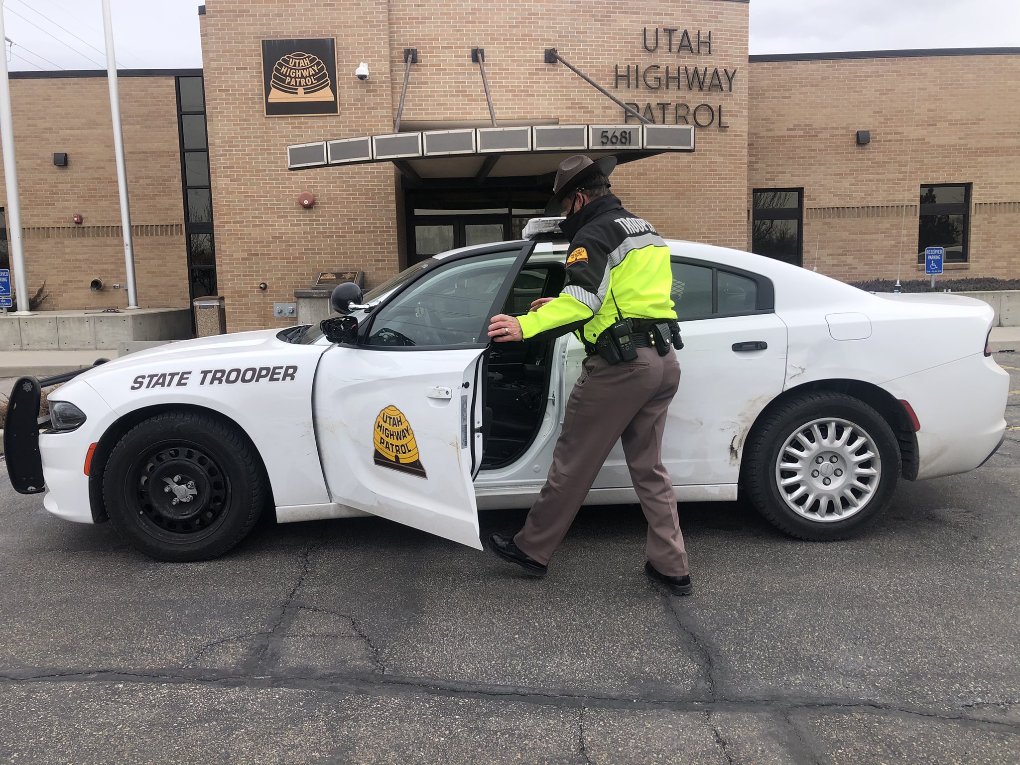 UHP Trooper Troy Giles’ patrol vehicle was hit by a car Wednesday morning, Jan. 27, 2021.
