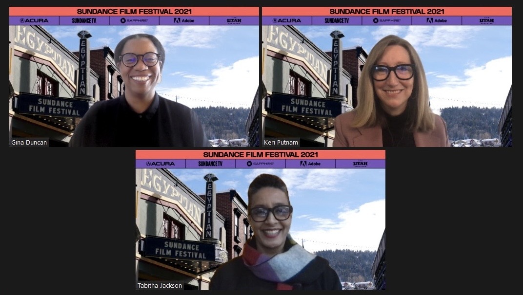 Sundance Film Festival producing director Gina Duncan, Sundance Institute CEO Keri Putnam and Sundance Film Festival Director Tabitha Jackson speak during a virtual press conference about the festival on Jan. 28, 2021.