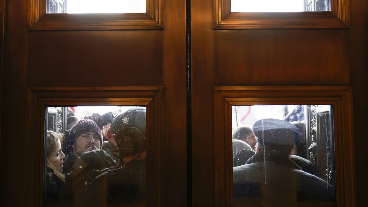 U.S. Capitol Police try to hold back protesters outside the east doors to the House side of the U.S. Capitol, Wednesday, Jan 6, 2021. (AP Photo/Andrew Harnik)