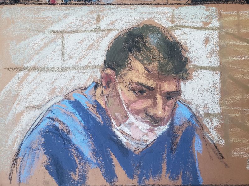 FILE PHOTO: Eduard Florea appears during a virtual hearing on weapons charges in a New York court in this January 13, 2021 courtroom sketch.  REUTERS/Jane Rosenberg/File Photo