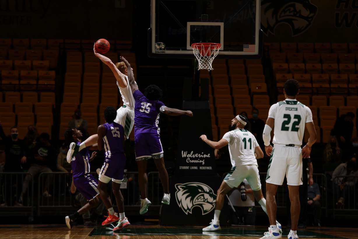 UVU guard Trey Woodbury dunks against Tarleton State, Friday, Jan. 29, 2021 in the UCCU Center.