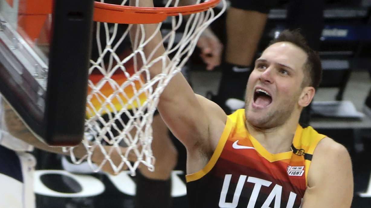 Utah Jazz forward Bojan Bogdanovic (44) gets to the basket for two points during a game against the Dallas Mavericks at Vivint Smart Home Arena in Salt Lake City on Friday, Jan. 29, 2021.