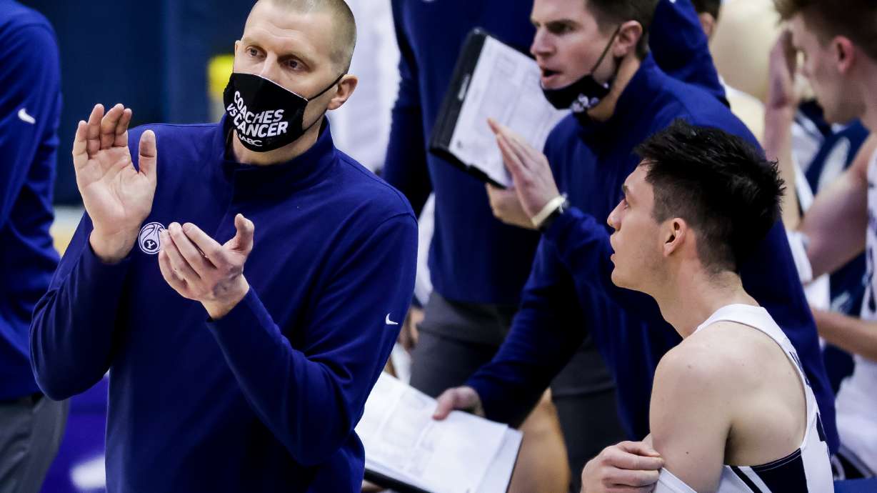 Brigham Young Cougars head coach Mark Pope works the sideline during the game against the Pacific Tigers at the Marriott Center in Provo on Saturday, Jan. 30, 2021.