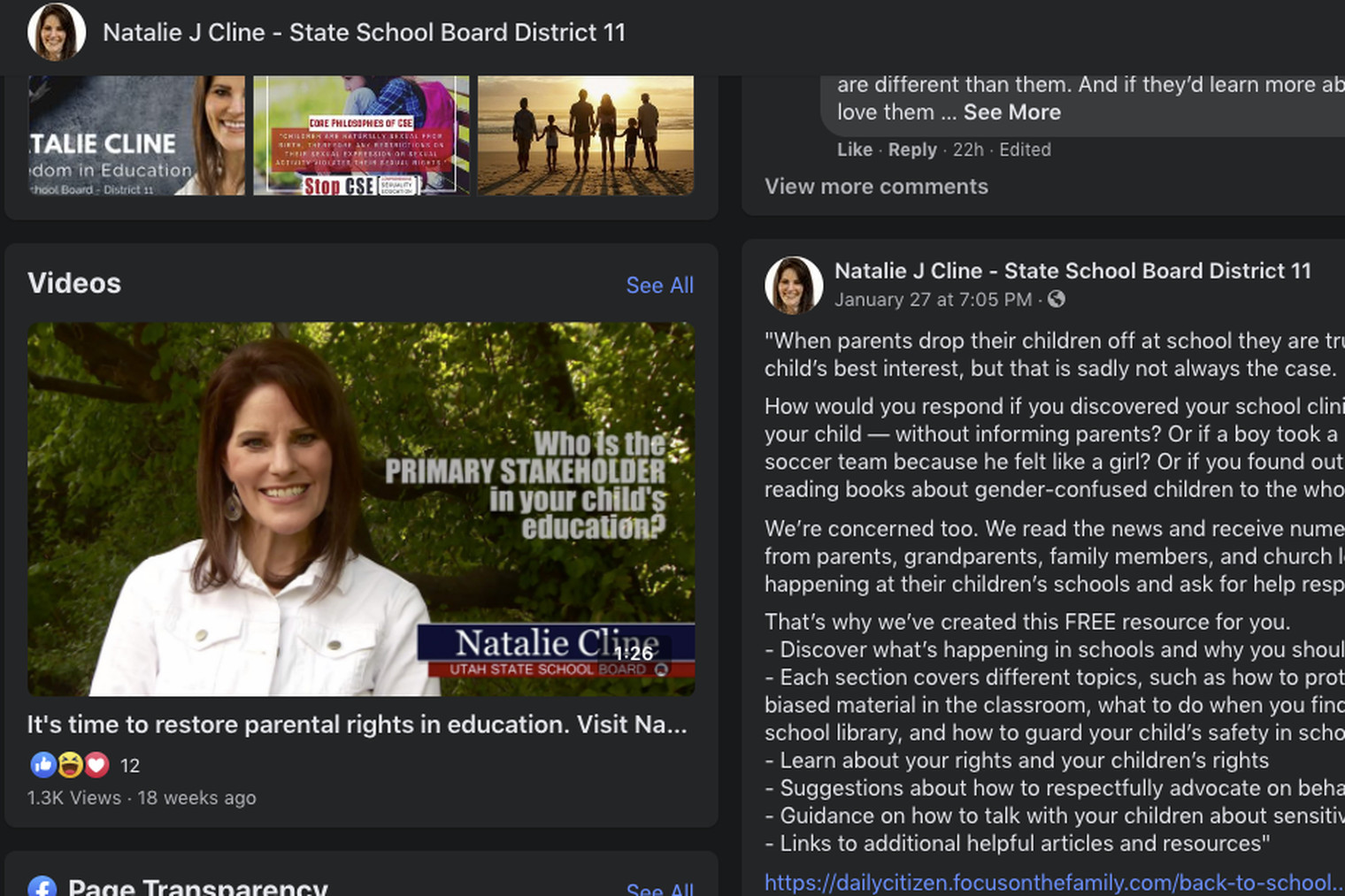 Facebook page of Utah State Board of Education member Natalie Cline.